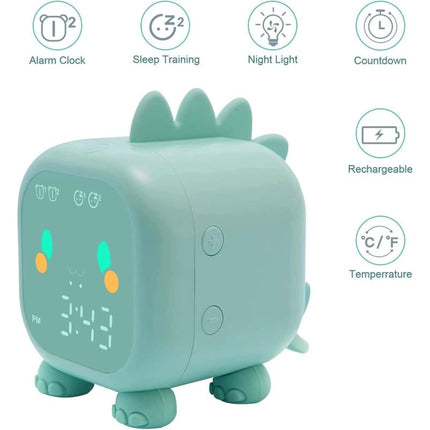Cute Kids Alarm Clock, Multifunctional Adjustable Night Light Countdown Snooze Voice Control Rechargeable Clock (Green).