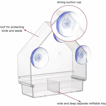 Clear Bird Feeder With Super Strong Suction Cups Removable Tray Refillable Weatherproof.