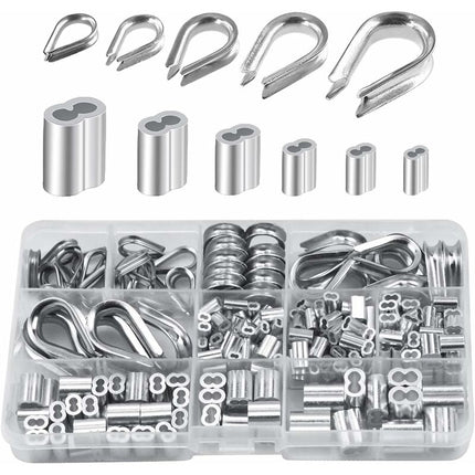 250 pcs 6 Sizes Aluminum Wire ROpe Thimbles Assortment Double Barrel Sleeves & 5 Size Thimbles For Wire ROpe.