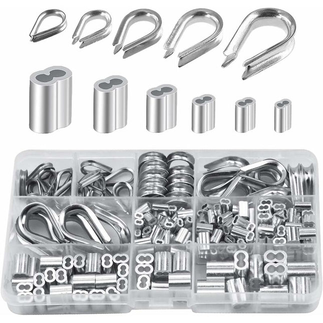 250 pcs 6 Sizes Aluminum Wire ROpe Thimbles Assortment Double Barrel Sleeves & 5 Size Thimbles For Wire ROpe.