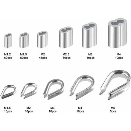 250 pcs 6 Sizes Aluminum Wire ROpe Thimbles Assortment Double Barrel Sleeves & 5 Size Thimbles For Wire ROpe.