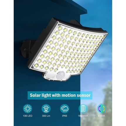 106 LED Solar Lights Outdoor With Motion Sensor, Ip65 Waterproof, 120° Lighting Angle, Solar Wall Light For Garden With.