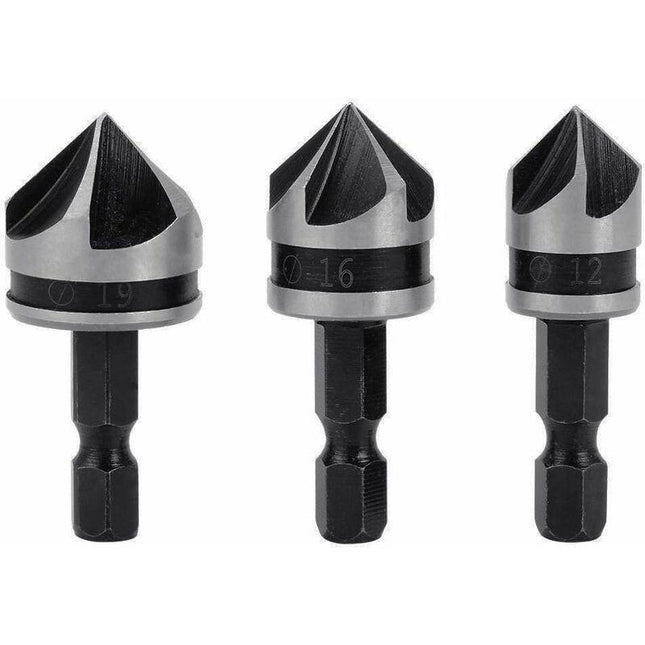 3 pcs 1/4" Hex Hcs Countersink Bit 5 Flute Countersink Drill Bits Countersink Bit 12Mm/16Mm/19Mm For Wood Metal.