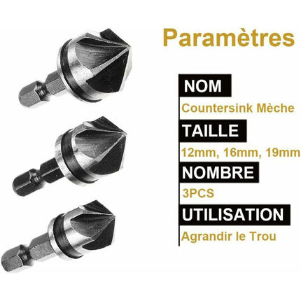 3 pcs 1/4" Hex Hcs Countersink Bit 5 Flute Countersink Drill Bits Countersink Bit 12Mm/16Mm/19Mm For Wood Metal.