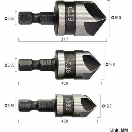 3 pcs 1/4" Hex Hcs Countersink Bit 5 Flute Countersink Drill Bits Countersink Bit 12Mm/16Mm/19Mm For Wood Metal.