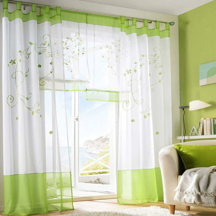 Sheer Curtains Floral Voile Embroidery Tab Top Window Panels For Bedroom Living ROom Decoration 2 Panels, Green, W140Cm.