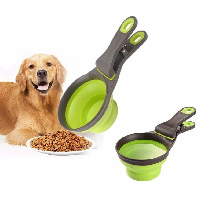 Multi-Purpose Pet Food Scoop, 3 In 1 Collapsible Silicone Measuring Cup And Bag Seal Clip For Dog Cat Storage Food.