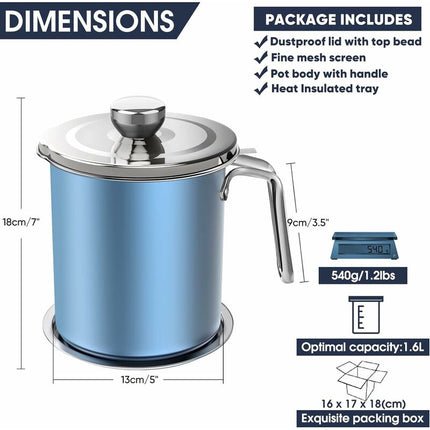 Oil Pot Grease Can Stainless Steel Storage Can With 1.6 Liter Can Dustproof Lid For Fine Mesh Strainer Non-Slip Plate.