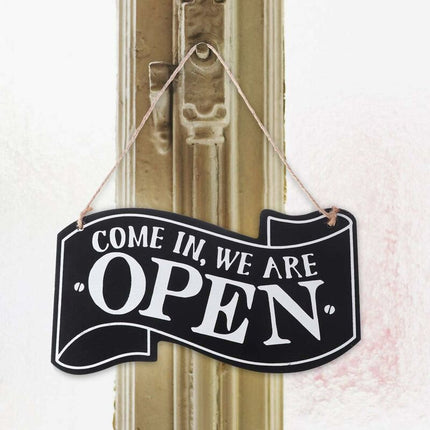 Two-Sided Open And Closed Wooden Sign With ROpe For Hanging Vintage Sign (Black).