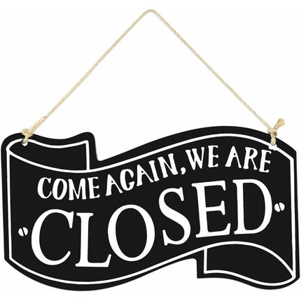 Two-Sided Open And Closed Wooden Sign With ROpe For Hanging Vintage Sign (Black).