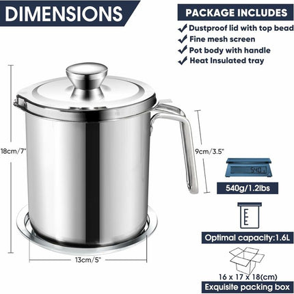 Oil Pot Grease Can Stainless Steel Storage Can With 2 Liter Can In Dust Cover For Fine Mesh Sieve Non-Slip Plate Frying.