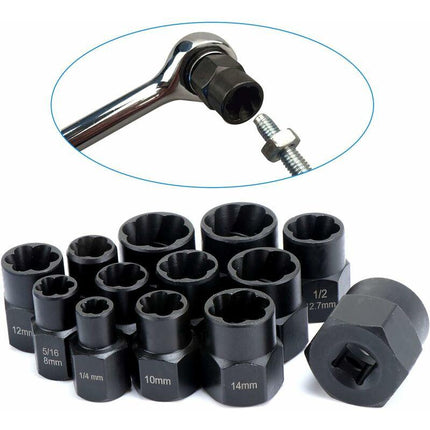 13 pcs Twist Socket Set, 9.5Mm DAmaged Bolt Extractor, Handle Nut Extractor Socket Sets For Locking Wheel Nut Removal.