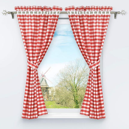 2 pcs Set Perforated Opaque Curtains With 2 Tiebacks Plaid Pattern Window Decoration For Bedroom Indoor Red H/W 120/80Cm.