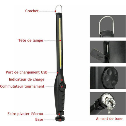 2 pcs Magnetic LED Work Light Super Bright Rechargeable Flashlight For Garage, Camping, Hiking, Car Repair, Emergency.