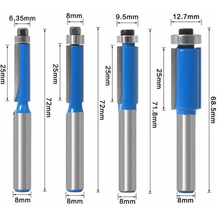 4 pcs 8Mm Copy Bit Diy Woodworking Milling Cutter Tools With Top Bearing, Flush Trim ROuter Bit Shank.