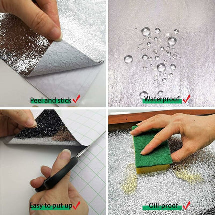 Silver Self Adhesive Vinyl Wallpaper Aluminum Foil Look Waterproof Greaseproof For Kitchen Cupboards Diy Wall Stickers.