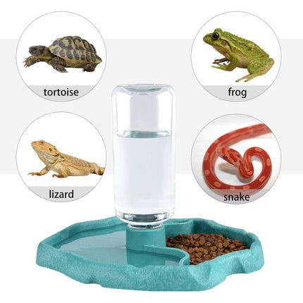 Reptile Water Dispenser, 2 In 1 Anti-Overflow Food Dispenser Bowl, Plastic Food Bowl For Tortoise Gecko - Blue.