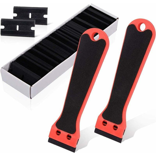 2 Plastic Scraper With 100 Squeegees, Long Handle Scrapers, For Removing Labels, Glue, Paint, Stickers And Decals, Red.