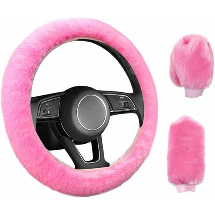 3 pcs Car Steering Wheel Cover Anti-Slip Elastic Pink Plush Universal Car Steering Wheel Cover With Handbrake And Gear.
