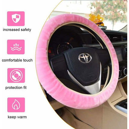 3 pcs Car Steering Wheel Cover Anti-Slip Elastic Pink Plush Universal Car Steering Wheel Cover With Handbrake And Gear.
