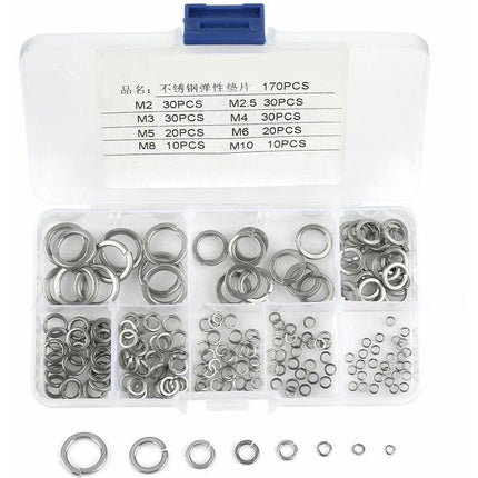 180 pcs 8 Size 304 Stainless Steel Spring Washer Assortment Kit, Spring Washers Kit M2.5 M3 M4 M5 M6 M8 M10.