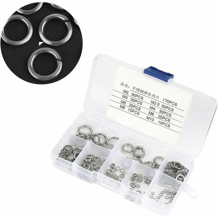 180 pcs 8 Size 304 Stainless Steel Spring Washer Assortment Kit, Spring Washers Kit M2.5 M3 M4 M5 M6 M8 M10.