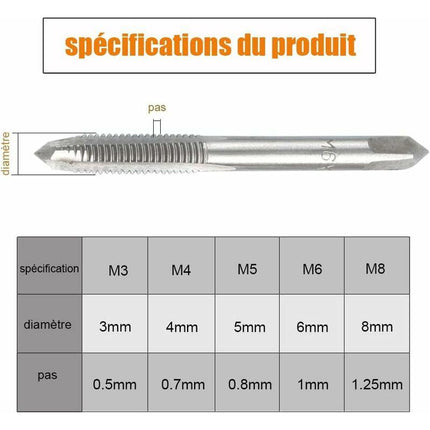 5 pcs Metric Hand Straight Flute Taps Assortment M3 M4 M5 M6 M8 With 1Pc Adjustable Wrench, Steel Thread Tap Set With.