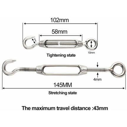 6 pcs Wire Tensioner M4 Stainless Steel Adjustable Turnbuckle Hook And Eye Set Heavy Duty.
