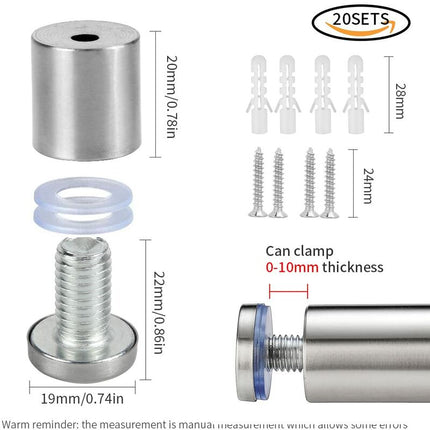 20 pcs Glass Standoffs, 19 X 25Mm Standoff Screws, Stainless Steel Wall Mount For Advertising Nails, For Plaques And.