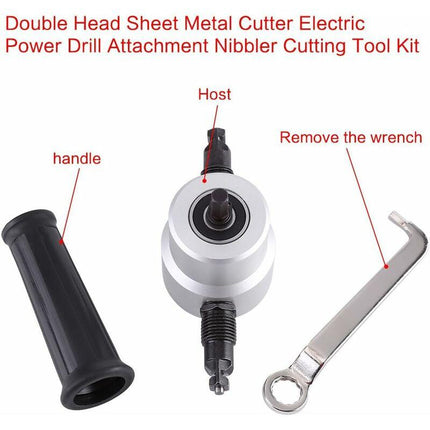 Double Head Sheet Metal Cutter Electric Hole Saw Electric Drill Attachment Nibbler Cutting Tool Kit Carton Package.