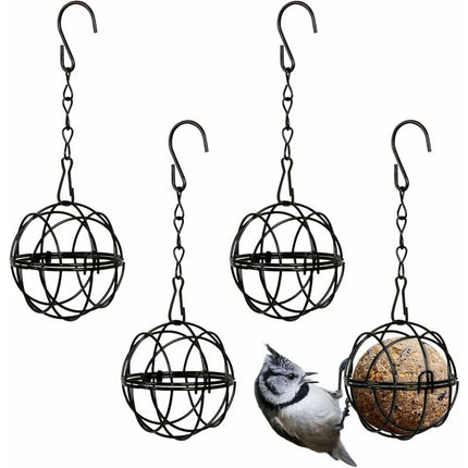 4 pcs Hanging Bird Feeders Metal Bird Fat Ball Holder Indoor Outdoor Black 7Cm Diameter Food Dispenser With 4 S-Shaped.