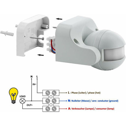 1X Infrared Motion Detector Surface Wall Mount Indoor Outdoor Splashproof 180° Tiltable Working Area 12M Range White.