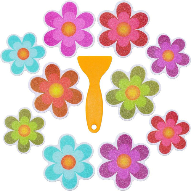 Pack Of 10 Waterproof Non-Slip Shower Stickers With Premium Scraper (Flower Design, Size 9.5 X 9.5 Cm).