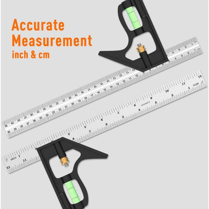 Combination Square, 12'/300Mm Stainless Steel Square Carpentry Tools, 45/90 Degree Ruler With Spirit Level..