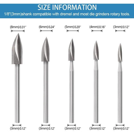 Wood Carving Bit Set For ROtary Tool, 5 Pieces Wood Carving Bits With 1/8 Inch Shank For Diy Woodworking, Engraving,.