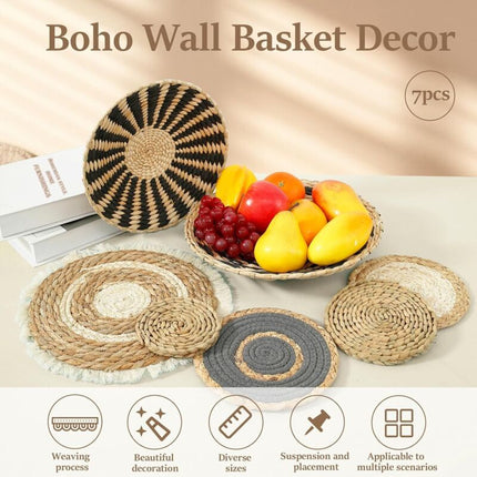 7 pcs Set Handmade Bohemian Wall Hanging Basket Wicker Rattan Wall Decor For Bedroom Dining ROom Office.