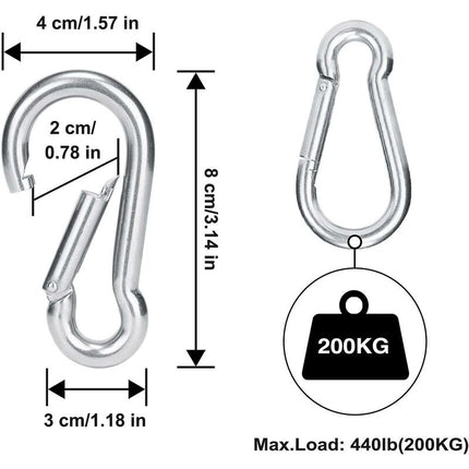 4 pcs Heavy Duty Carabiner Hooks For Sports, Locking Dogs, Hammock Swing, 304 Stainless Steel, 8Mm Thickness.