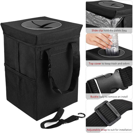 Car Trash Can With Lid - Hanging Garbage Bag With Storage Pockets, Foldable And Portable Waterproof Organizer, Large.