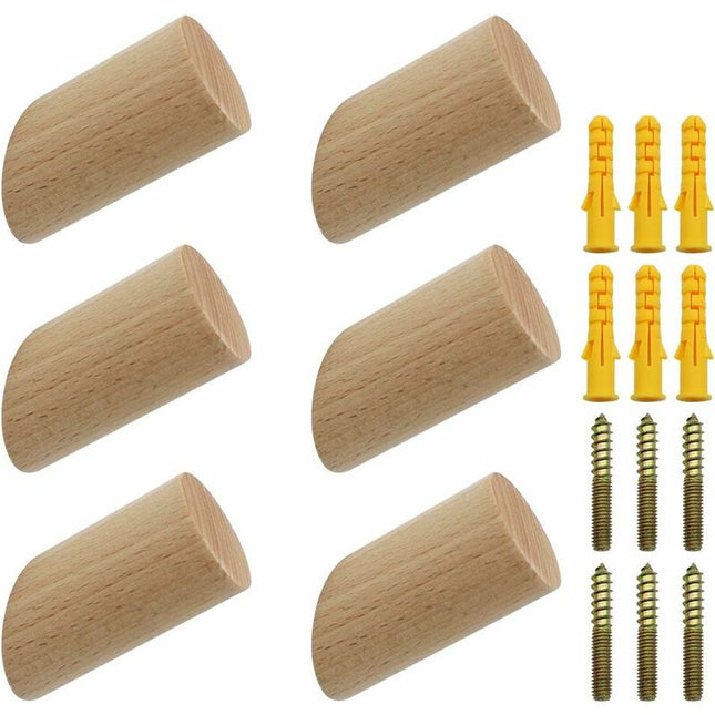 6 pcs Set Beech Wood Wall Hooks 3X6Cm Cylinder Wall Mounted Coat Hook Decorative Hook For Coat Hat Scarf Bag Towel -.