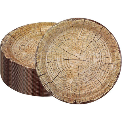 50 Pack 9" Rustic Wood Grain Paper Plates Disposable (Wood Grain 02).