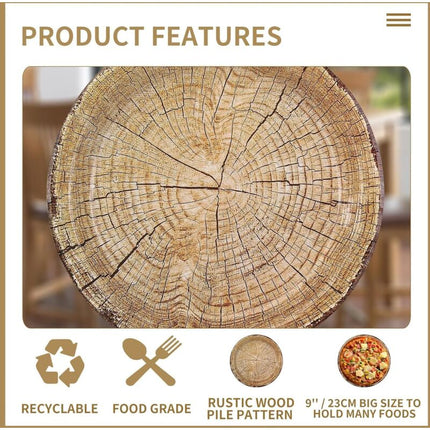 50 Pack 9" Rustic Wood Grain Paper Plates Disposable (Wood Grain 02).