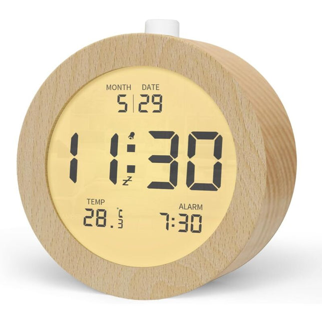 Wooden Digital Alarm Clock, Lcd Digital Clock With DAte, Temperature, Snooze, Backlight, Battery Powered Digital.