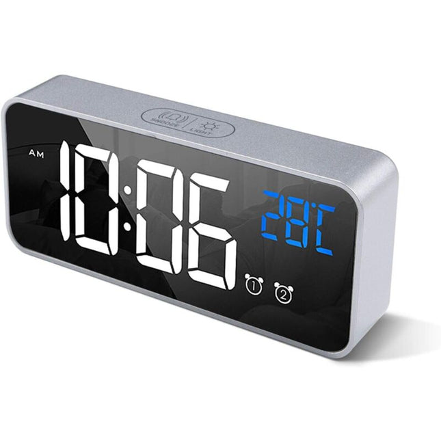 Digital Alarm Clock With Large LED Temperature Display, Portable Mirror Alarm Clock With Dual Alarms (Silver).