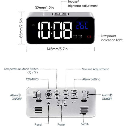 Digital Alarm Clock With Large LED Temperature Display, Portable Mirror Alarm Clock With Dual Alarms (Silver).