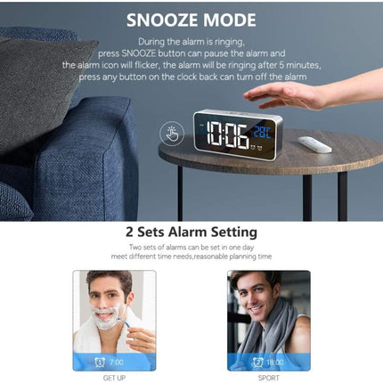 Digital Alarm Clock With Large LED Temperature Display, Portable Mirror Alarm Clock With Dual Alarms (Silver).