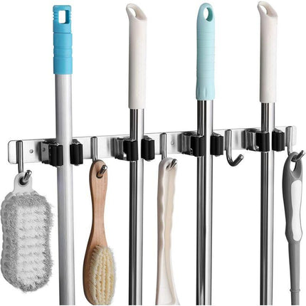 Stainless Steel Wall Mounted Broom Holder, Wall Mounted Broom Hanger With 4 Slots And 5 Hooks For Kitchen, Bathroom,.