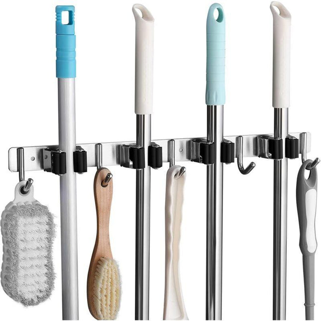 Stainless Steel Wall Mounted Broom Holder, Wall Mounted Broom Hanger With 4 Slots And 5 Hooks For Kitchen, Bathroom,.
