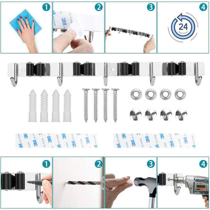 Stainless Steel Wall Mounted Broom Holder, Wall Mounted Broom Hanger With 4 Slots And 5 Hooks For Kitchen, Bathroom,.