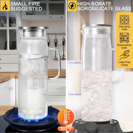Water Carafe, Glass Pitcher, Glass Jug With Lid And Handle-1.5 Liters.