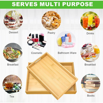 2 pcs Bamboo Serving Trays, Wooden Tray, Rectangular Serving Tray With Handles, Breakfast Tray Serving Tray For.